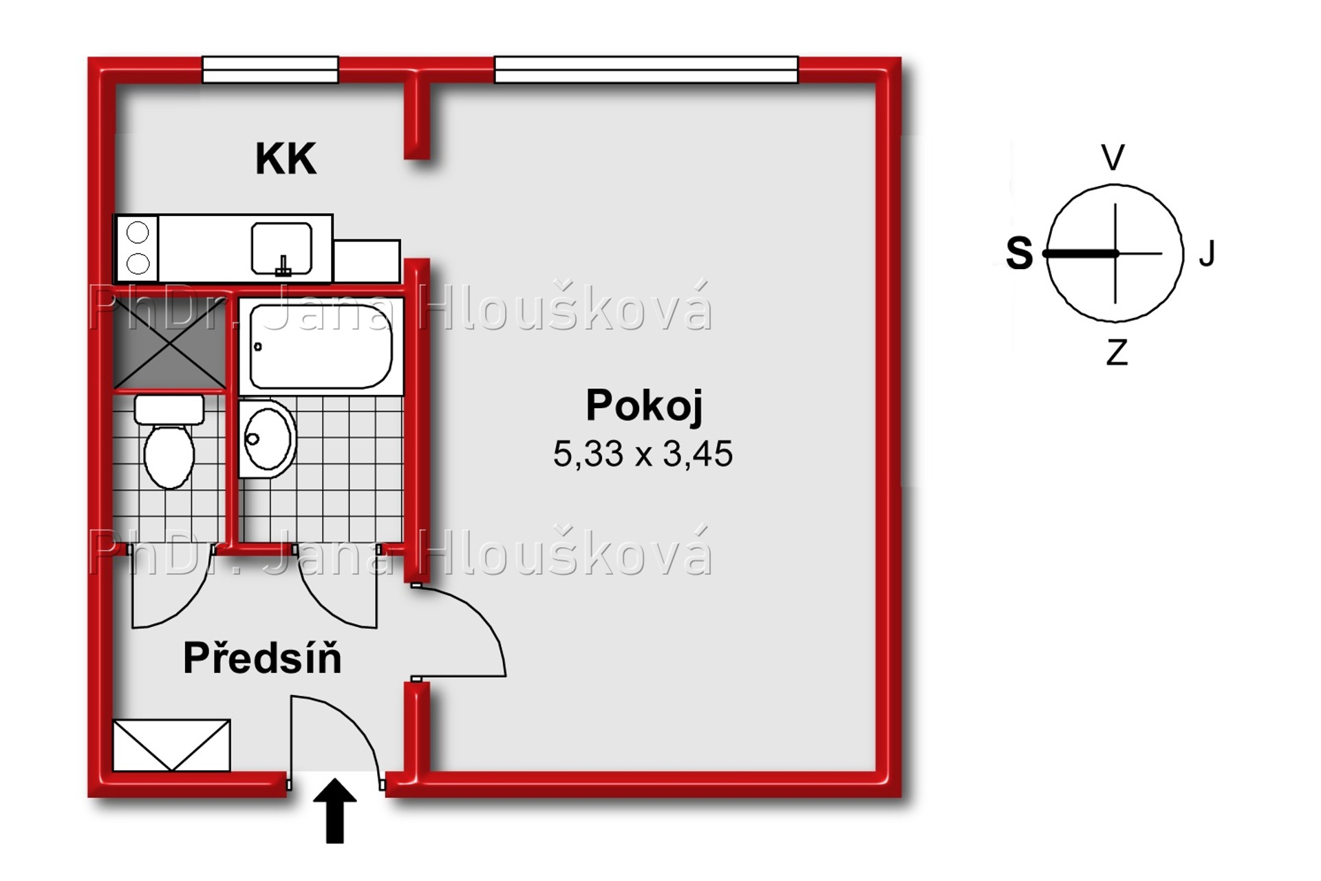 Orientační půdorys - prodej bytu 1+kk, Praha 4 - Chodov, ul. Benkova